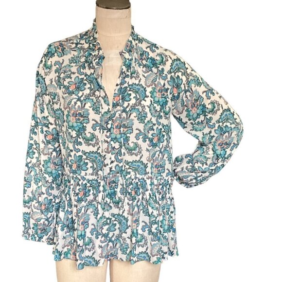 LOFT Sz M BOHO Relaxed Fit Floral Tie Neck Smocked Ruffle Waist Blouse 186E - Picture 2 of 7